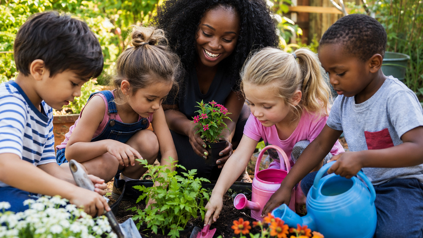 Children participating in gardening and nature-based learning