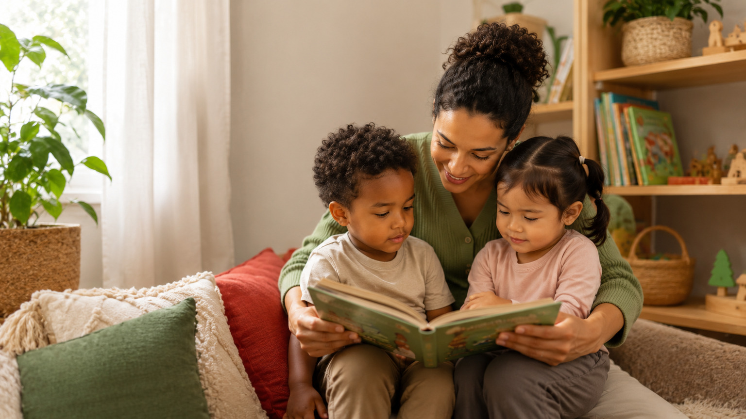 A Family Day Care educator sharing a warm reading experience with children