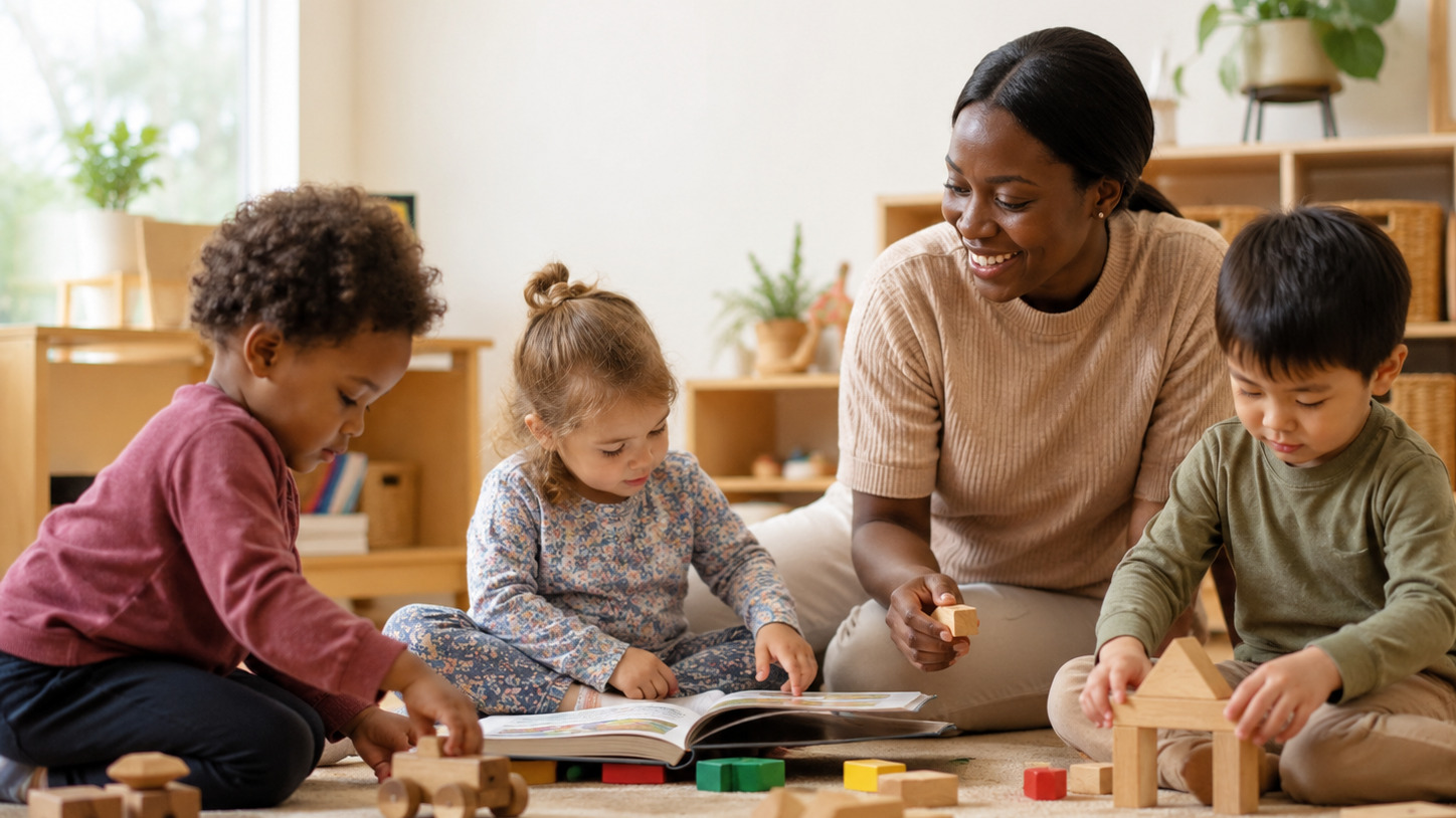 An educator engaging warmly with children in a Family Day Care environment