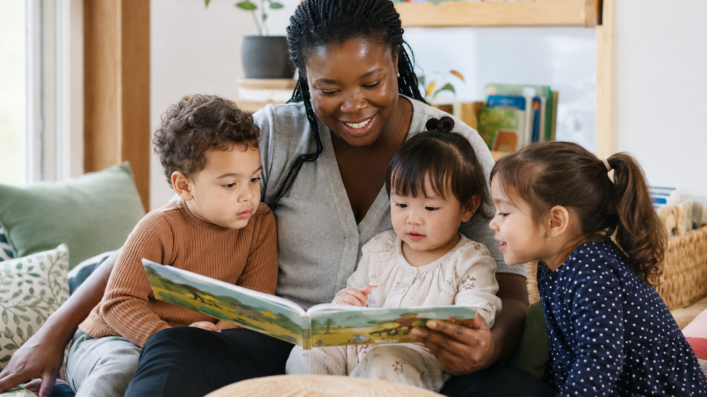 An educator sharing a story and conversation with children