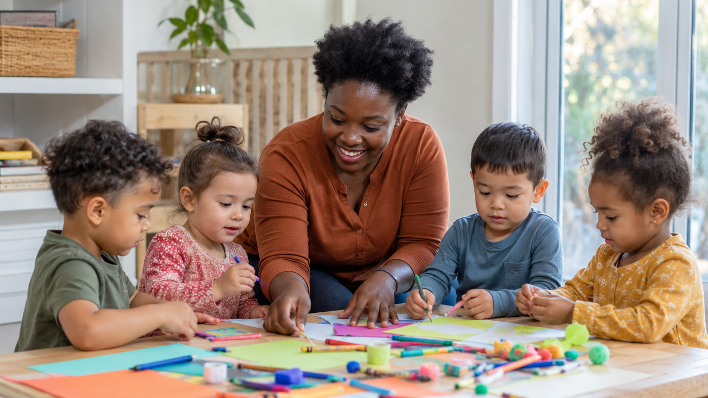 Family day care educator guiding children through a creative learning activity
