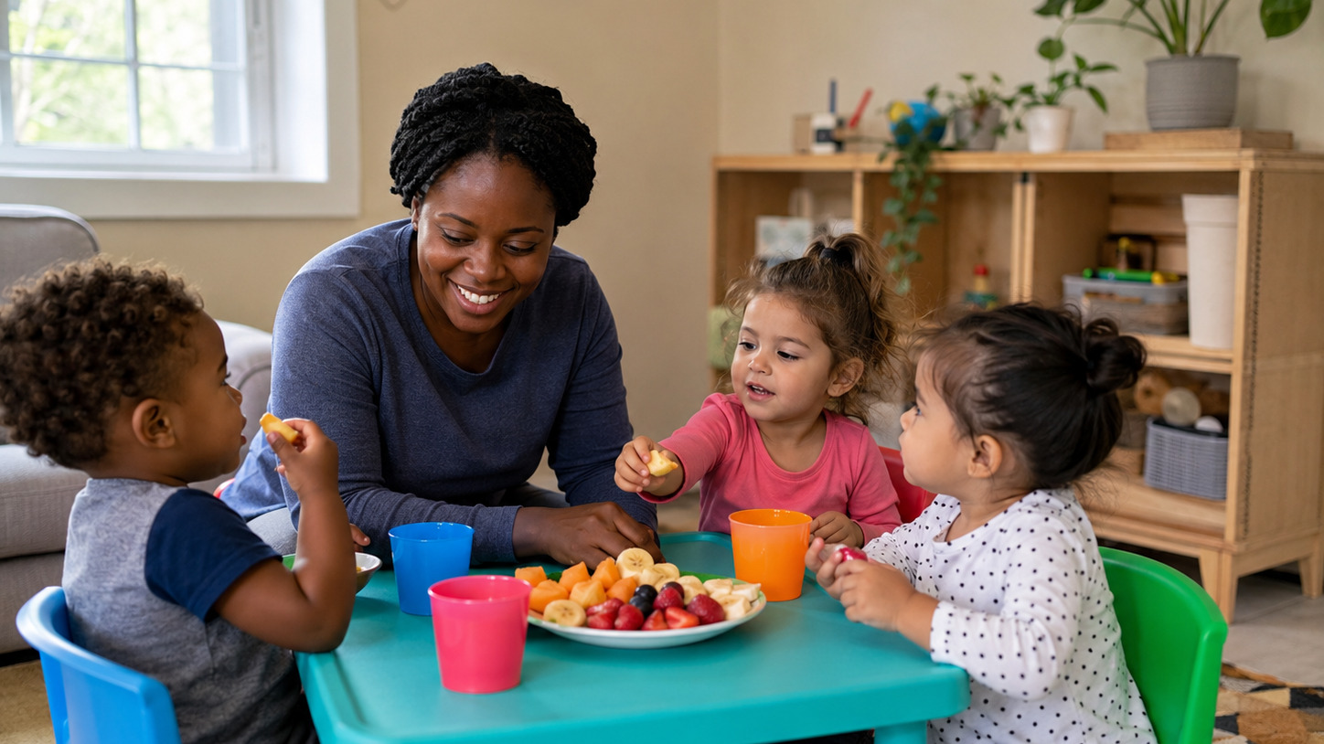 An educator supporting children during a familiar daily routine