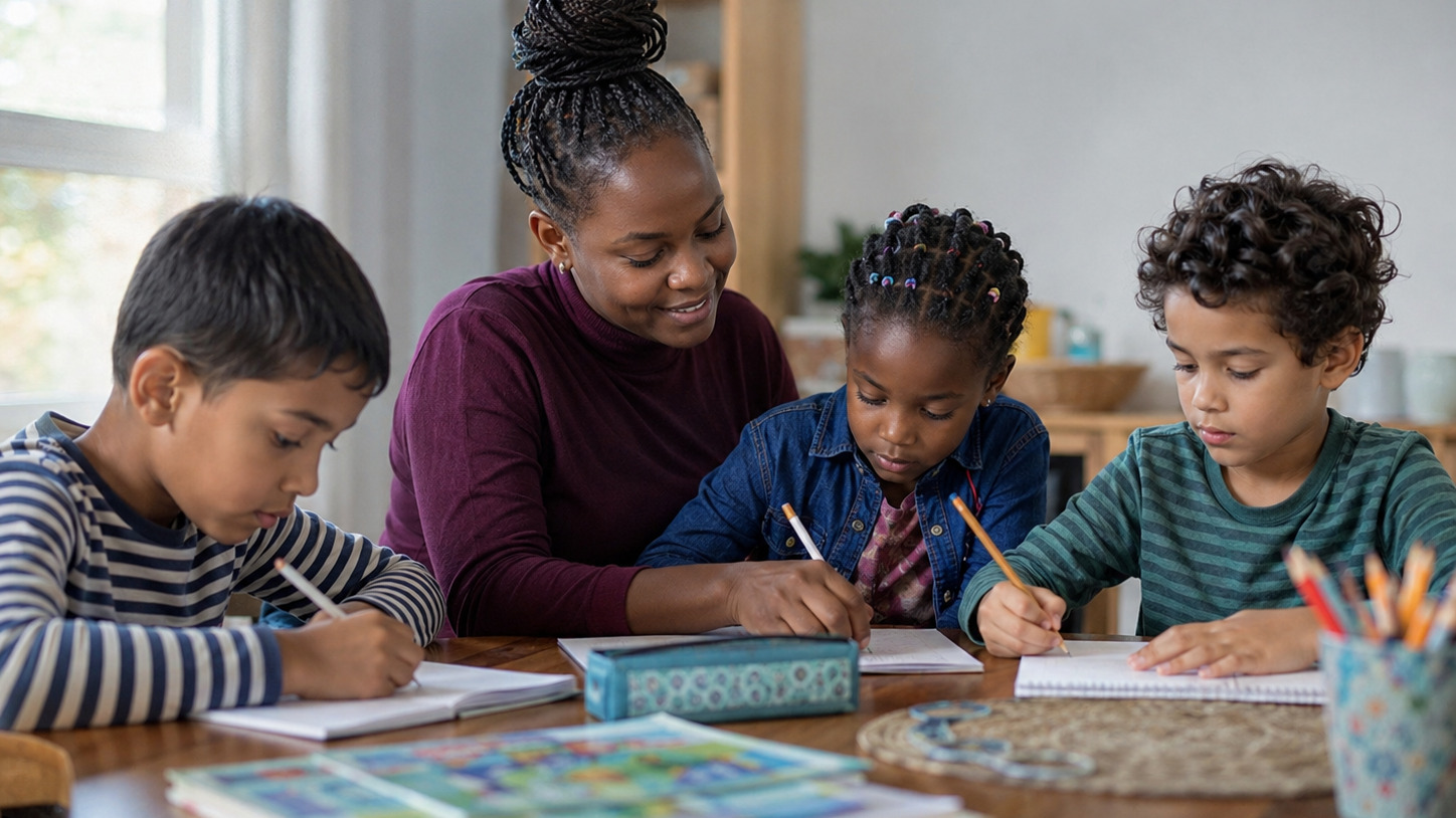 A Family Day Care educator supporting children during a learning activity